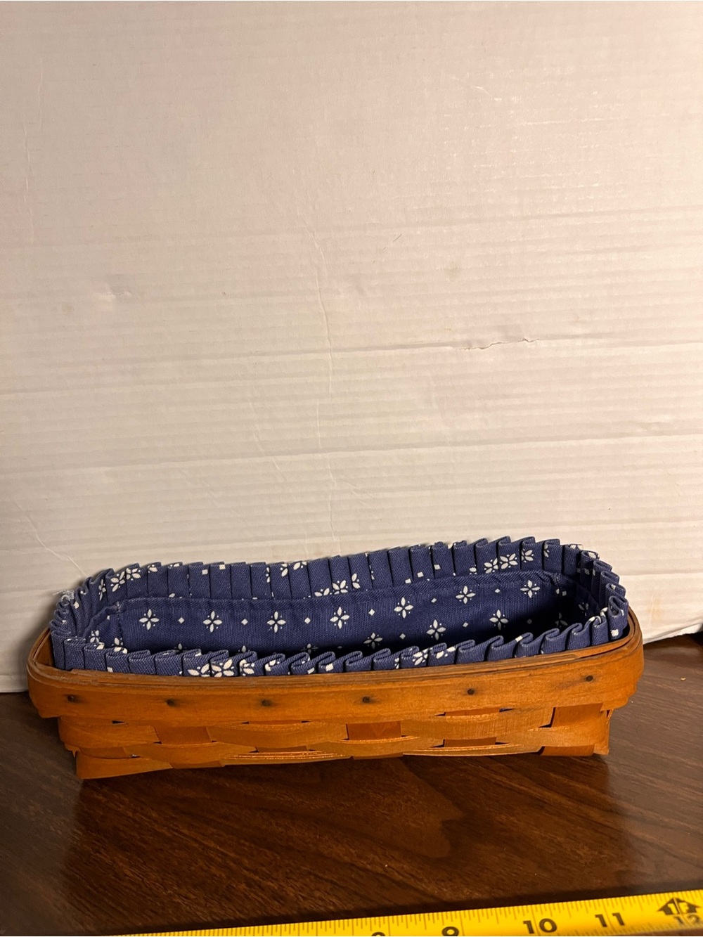 Longaberger Handwoven Brown Wood Basket with Navy Blue Fabric Liner